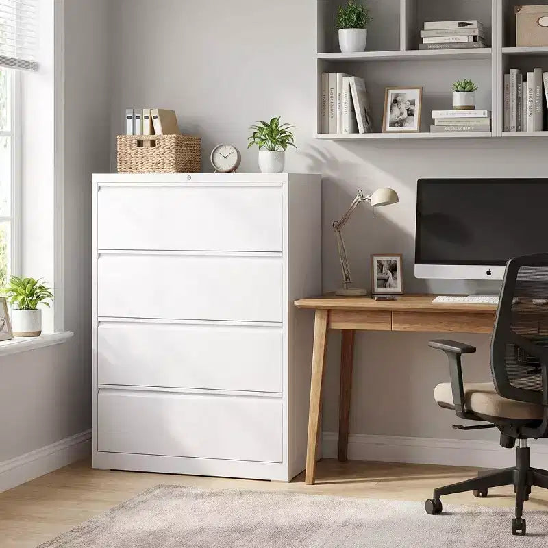 Classificatore laterale a 4 cassetti con serratura – Mobiletto classificatore in metallo bianco per ufficio domestico
