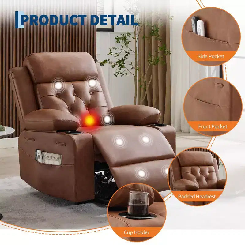 Poltrona reclinabile power lift da 42" con massaggio e calore, doppio portabicchieri e tasche laterali