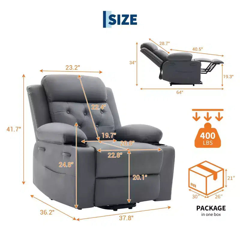 Poltrona reclinabile power lift da 42" con massaggio e calore, doppio portabicchieri e tasche laterali
