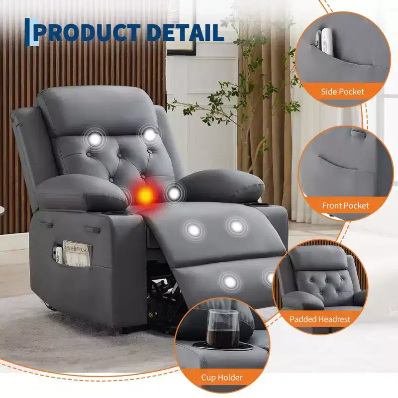 Poltrona reclinabile power lift da 42" con massaggio e calore, doppio portabicchieri e tasche laterali