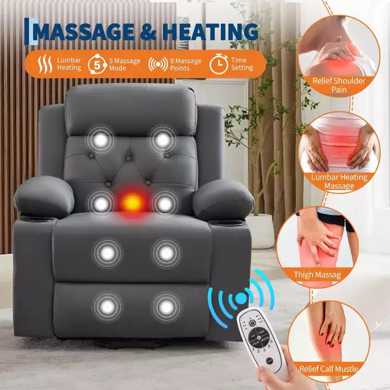 Poltrona reclinabile power lift da 42" con massaggio e calore, doppio portabicchieri e tasche laterali