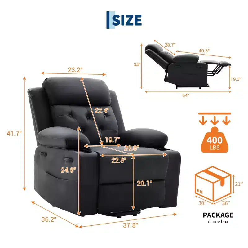 Poltrona reclinabile power lift da 42" con massaggio e calore, doppio portabicchieri e tasche laterali