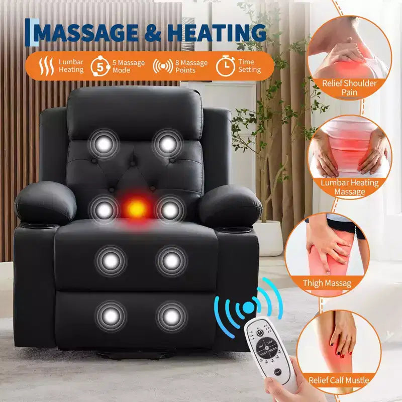 Poltrona reclinabile power lift da 42" con massaggio e calore, doppio portabicchieri e tasche laterali