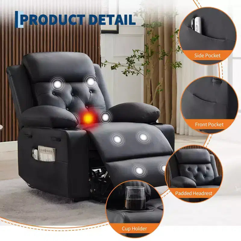 Poltrona reclinabile power lift da 42" con massaggio e calore, doppio portabicchieri e tasche laterali