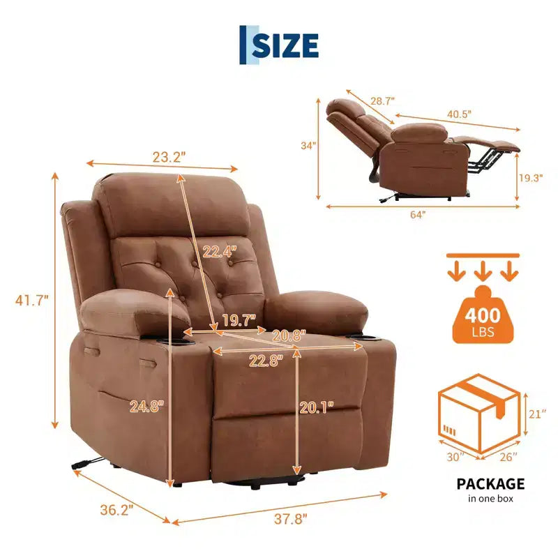 Poltrona reclinabile power lift da 42" con massaggio e calore, doppio portabicchieri e tasche laterali