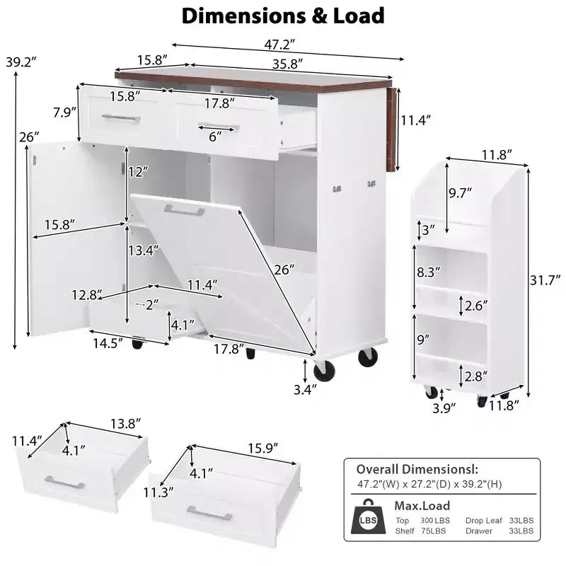 Isola Cucina 119,9 cm Stile Rustico con Ripiano Ribaltabile, Scaffali Laterali, Ruote e Scomparto per Pattumiera