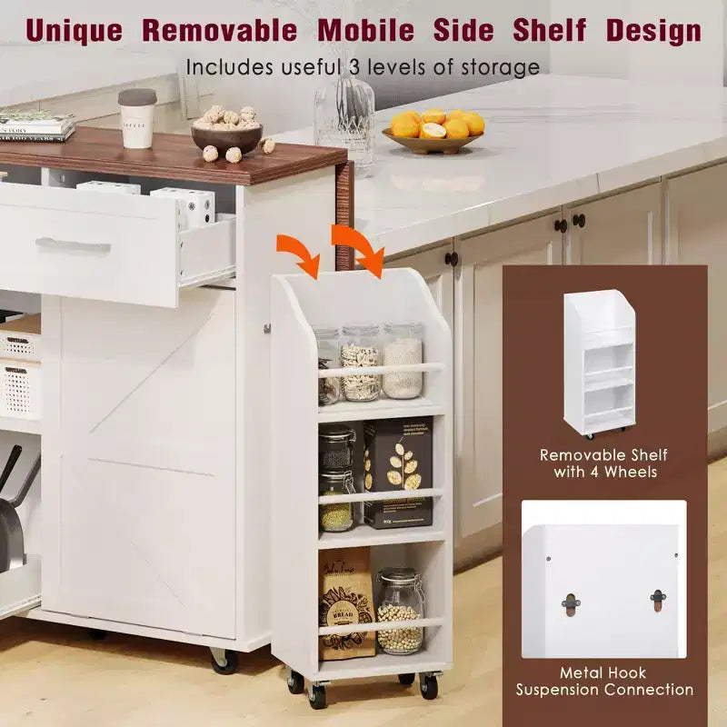 Isola Cucina 119,9 cm Stile Rustico con Ripiano Ribaltabile, Scaffali Laterali, Ruote e Scomparto per Pattumiera