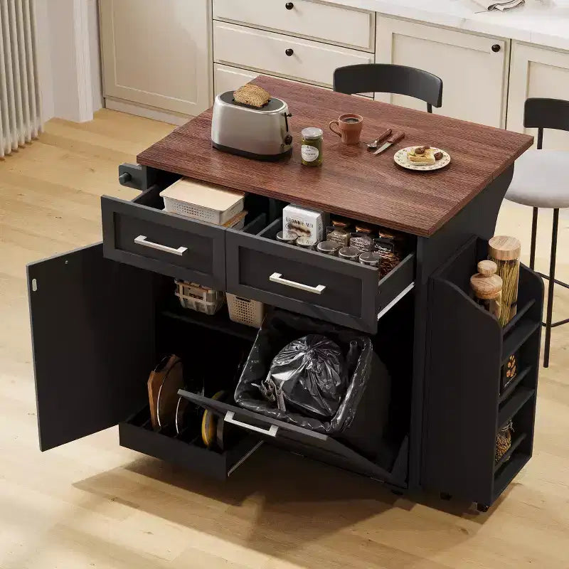 Isola Cucina 119,9 cm Stile Rustico con Ripiano Ribaltabile, Scaffali Laterali, Ruote e Scomparto per Pattumiera