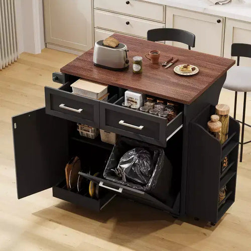 Isola Cucina 119,9 cm Stile Rustico con Ripiano Ribaltabile, Scaffali Laterali, Ruote e Scomparto per Pattumiera