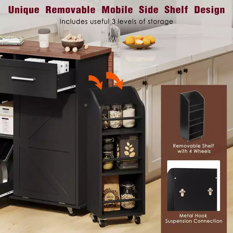 Isola Cucina 119,9 cm Stile Rustico con Ripiano Ribaltabile, Scaffali Laterali, Ruote e Scomparto per Pattumiera