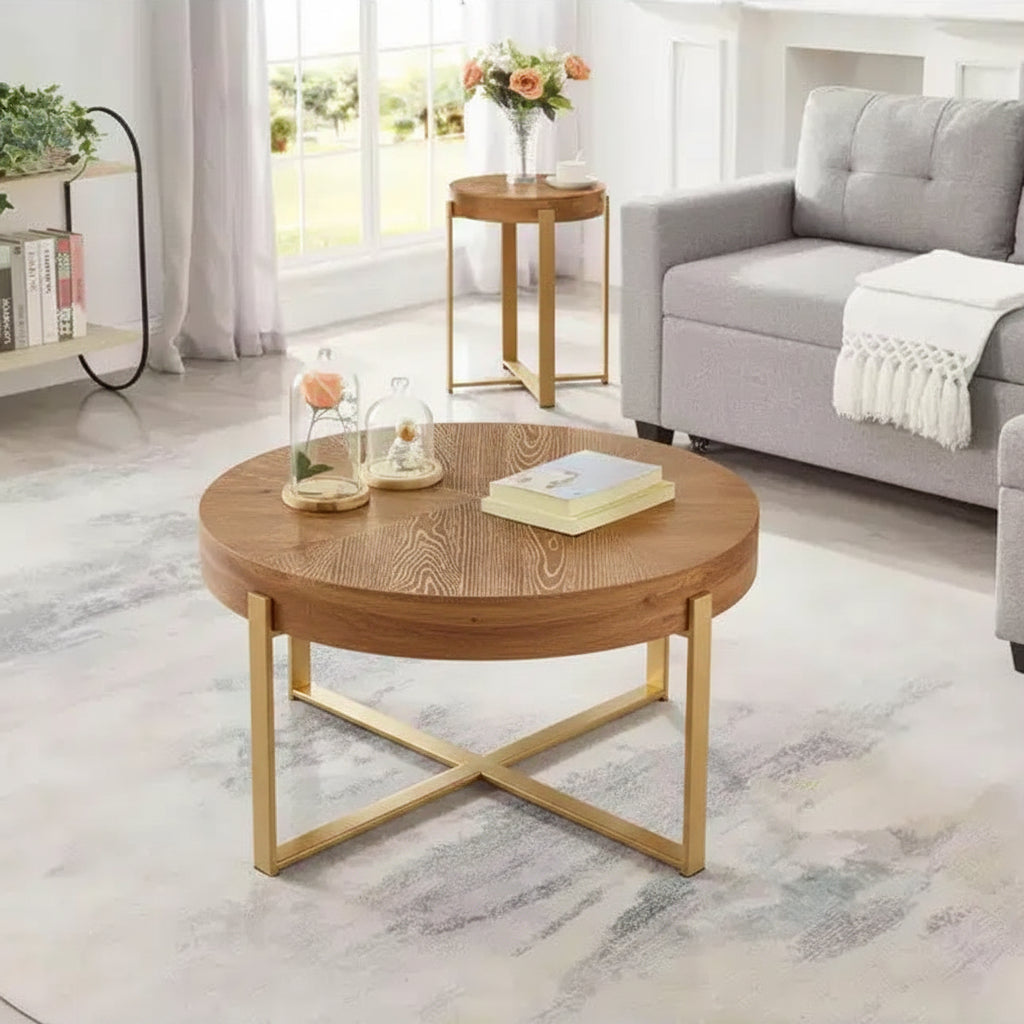 EHMKNP 32.28 Rustic Vintage Round Wood Coffee Table with Gold Metal Legs