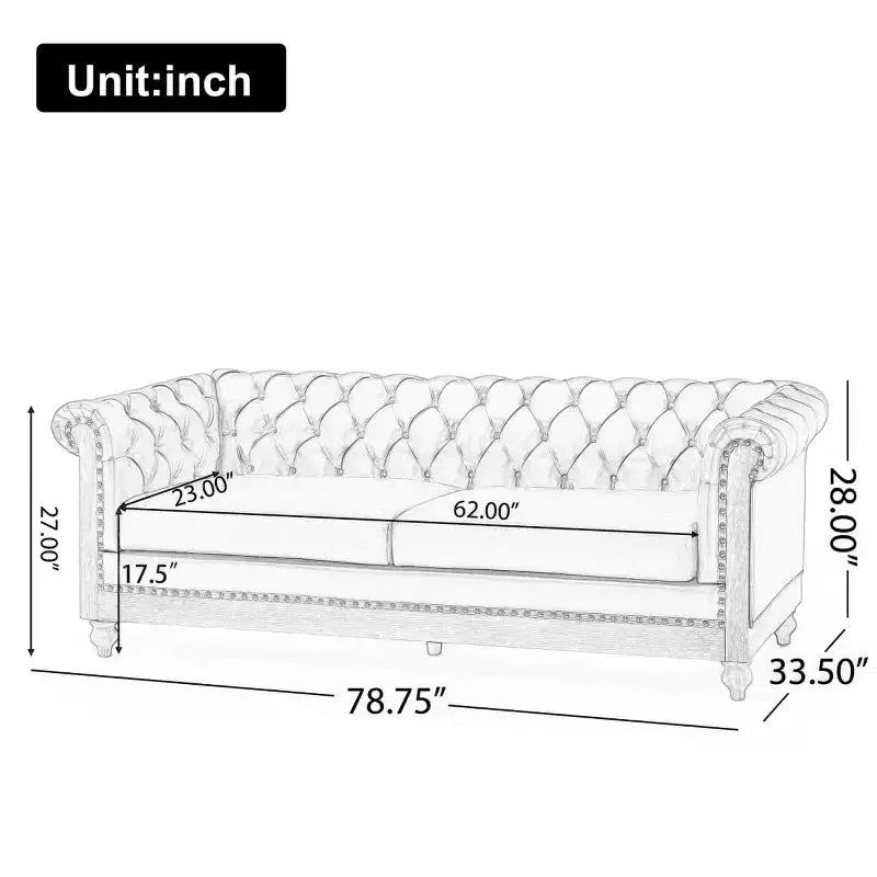 Divano Chesterfield a 3 posti con schienale trapuntato, finiture con borchie e gambe in legno – Pelle sintetica