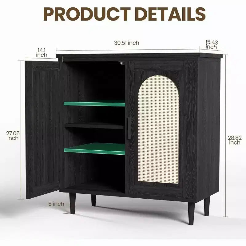 Credenza con Ante in Rattan e Gambe in Legno Massello