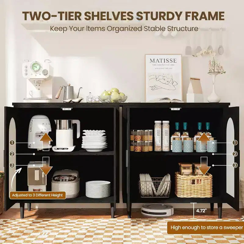 Credenza con Ante in Rattan e Gambe in Legno Massello