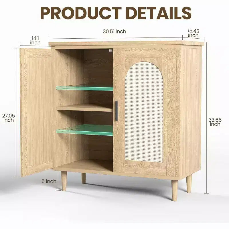 Credenza con Ante in Rattan e Gambe in Legno Massello