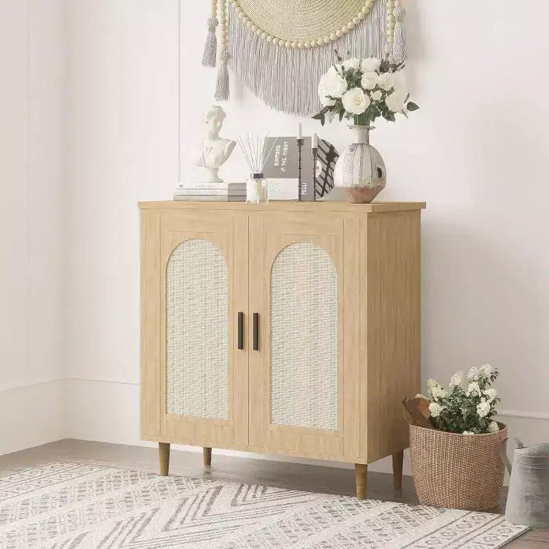 Credenza con Ante in Rattan e Gambe in Legno Massello