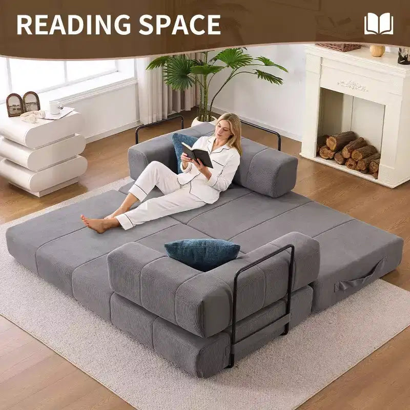 Divano letto convertibile 4-in-1 con rivestimento in velluto a coste e braccioli in metallo, grigio