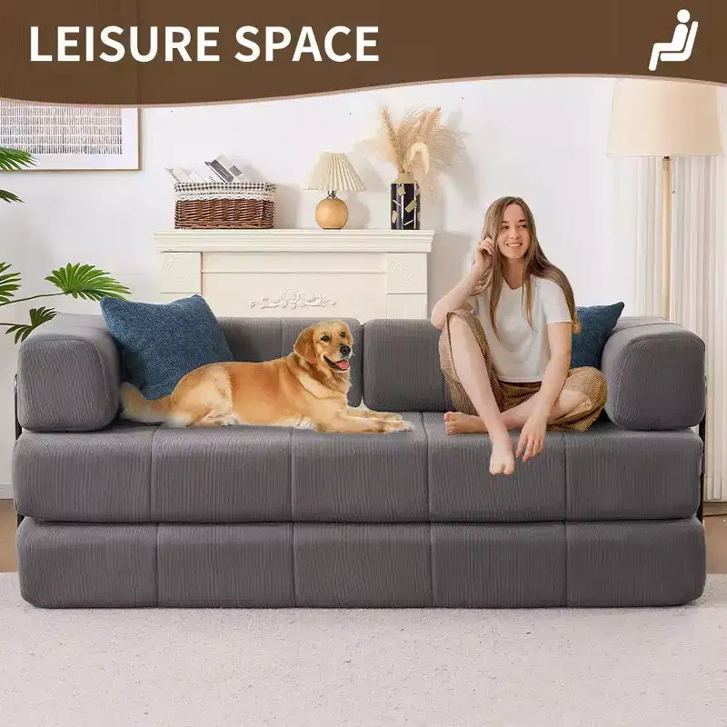 Divano letto convertibile 4-in-1 con rivestimento in velluto a coste e braccioli in metallo, grigio