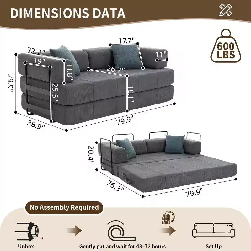 Divano letto convertibile 4-in-1 con rivestimento in velluto a coste e braccioli in metallo, grigio