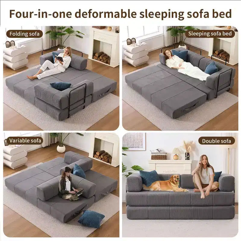Divano letto convertibile 4-in-1 con rivestimento in velluto a coste e braccioli in metallo, grigio