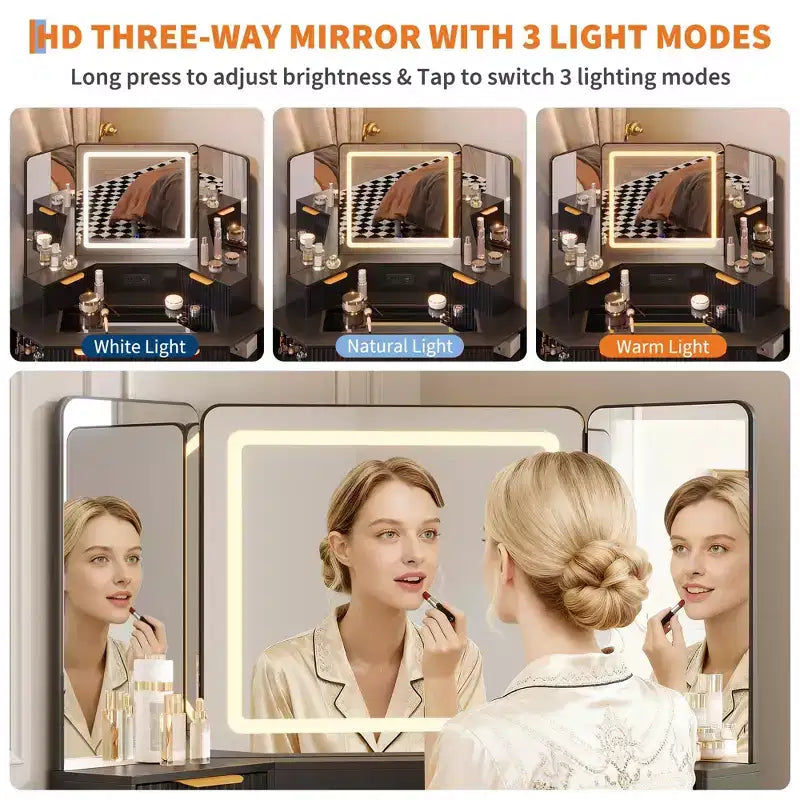 Scrivania Angolare da Trucco da 48 Pollici con Specchio Triplo e Luci a LED