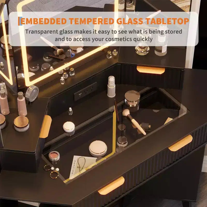 Scrivania Angolare da Trucco da 48 Pollici con Specchio Triplo e Luci a LED
