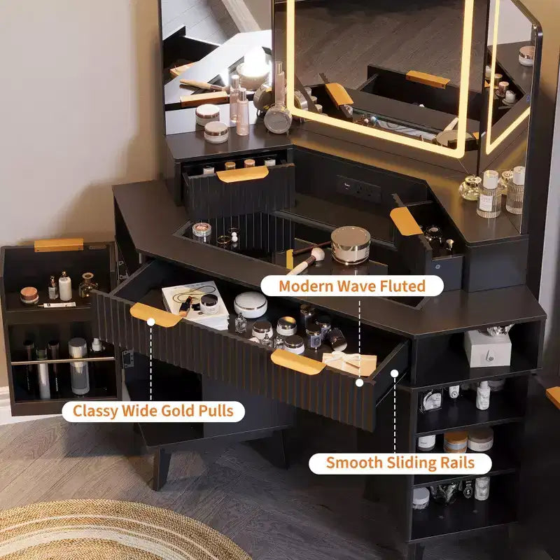 Scrivania Angolare da Trucco da 48 Pollici con Specchio Triplo e Luci a LED