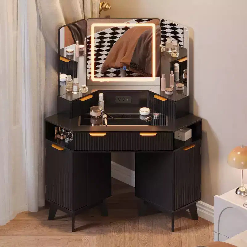 Scrivania Angolare da Trucco da 48 Pollici con Specchio Triplo e Luci a LED