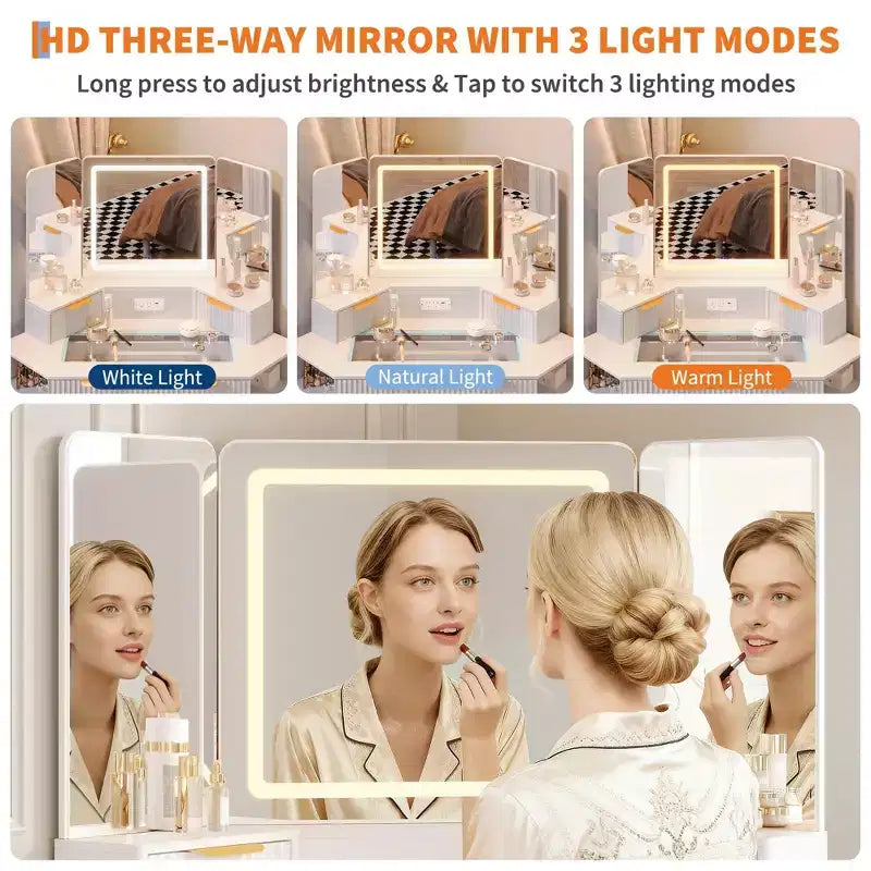 Scrivania Angolare da Trucco da 48 Pollici con Specchio Triplo e Luci a LED