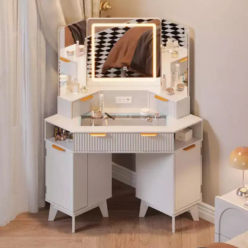 Scrivania Angolare da Trucco da 48 Pollici con Specchio Triplo e Luci a LED