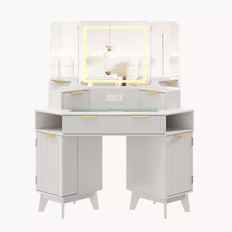 Scrivania Angolare da Trucco da 48 Pollici con Specchio Triplo e Luci a LED