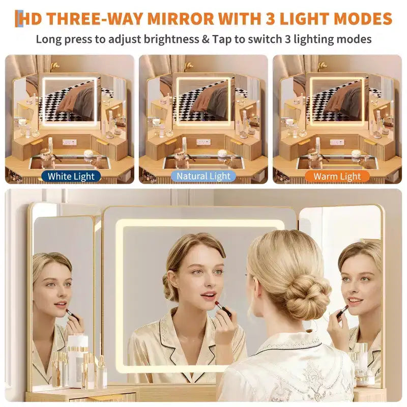 Scrivania Angolare da Trucco da 48 Pollici con Specchio Triplo e Luci a LED