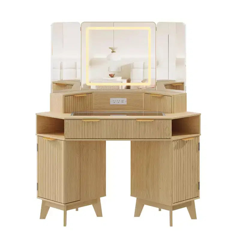 Scrivania Angolare da Trucco da 48 Pollici con Specchio Triplo e Luci a LED