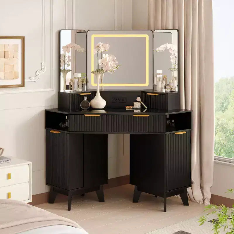 Scrivania Angolare da Trucco da 48 Pollici con Specchio Triplo e Luci a LED