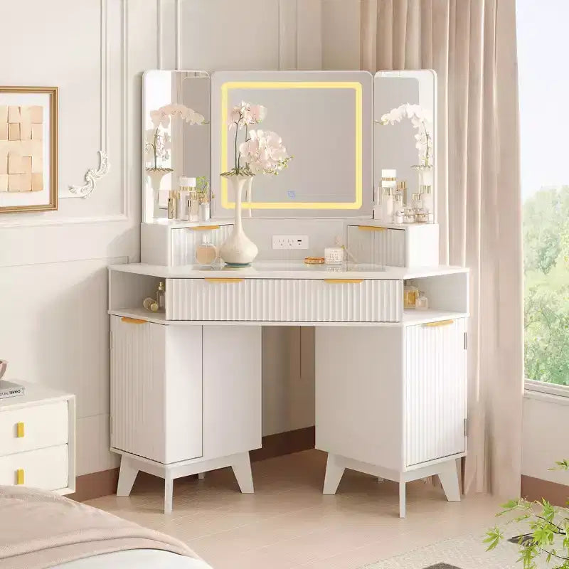 Scrivania Angolare da Trucco da 48 Pollici con Specchio Triplo e Luci a LED
