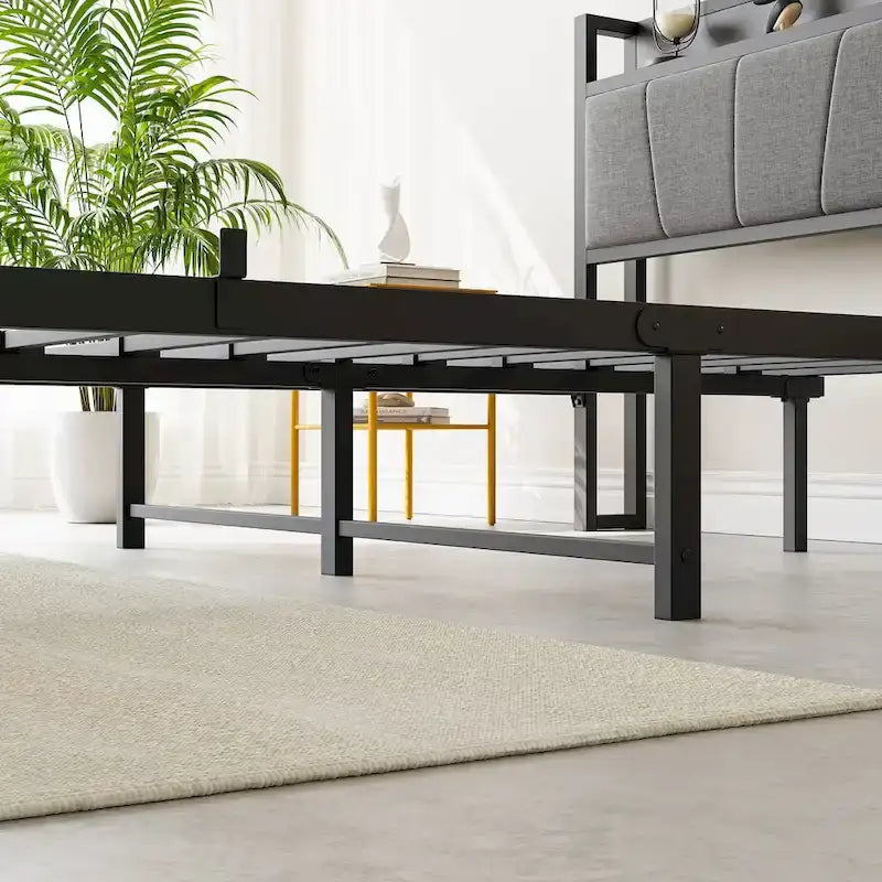 Struttura Letto Matrimoniale, Testiera Contenitore con Stazione di Ricarica, Solida e Stabile, Senza Rumore, Nessuna Molla Richiesta, Facile Montaggio